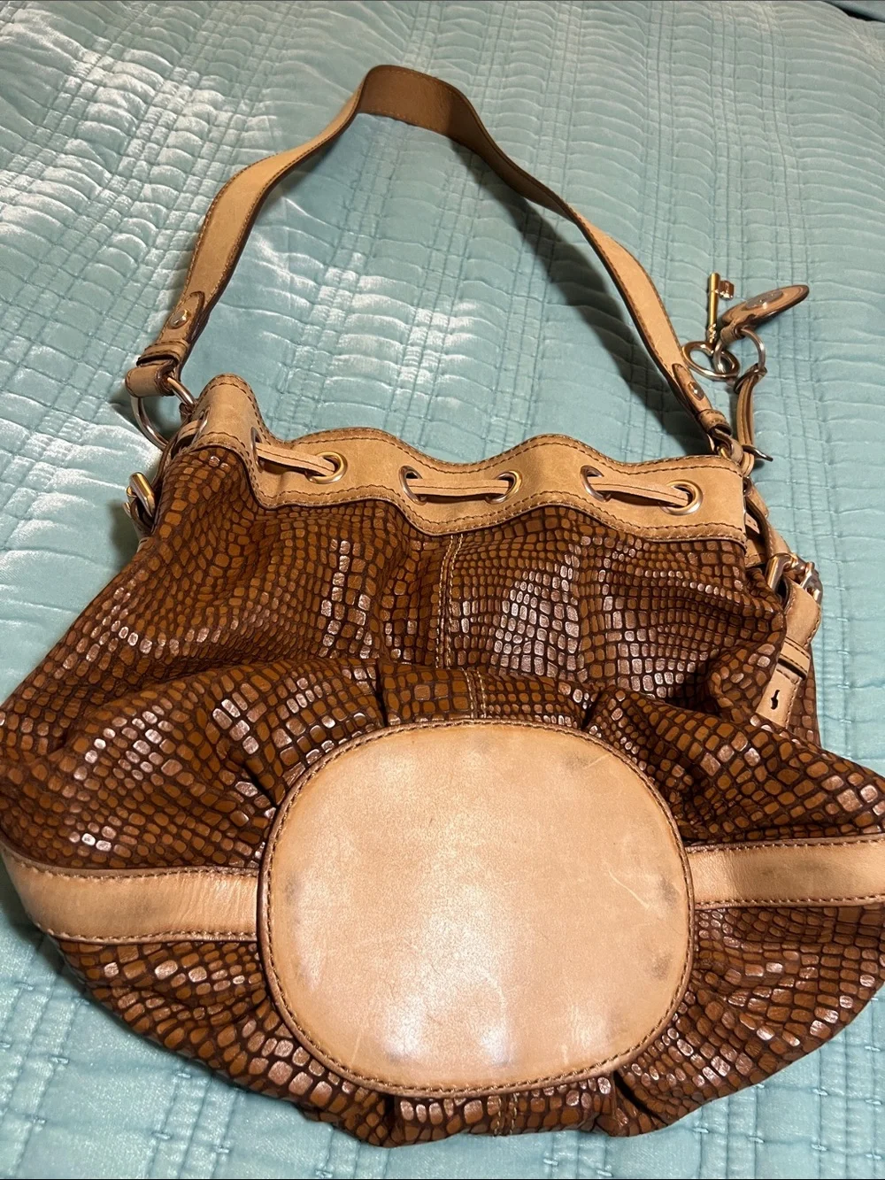 Designer Fossil Maddox Brown & Tan Drawstring Shoulder Bag